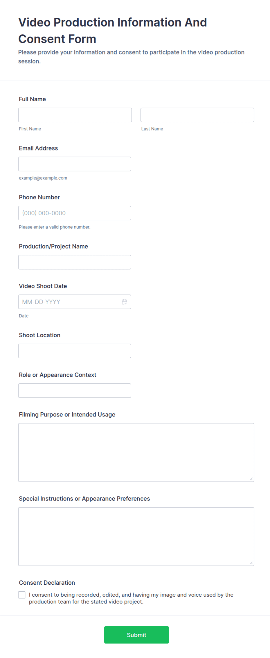 Video Production Information and Consent Form Template | Jotform