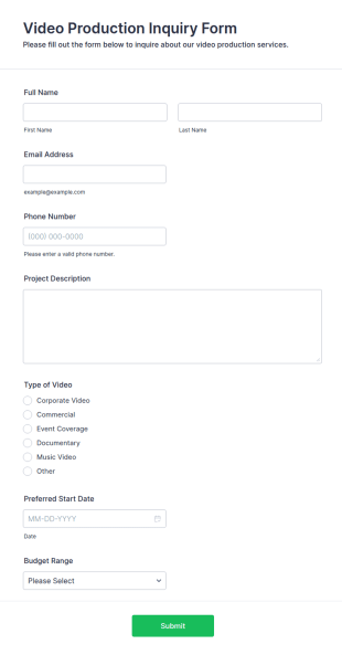 Video Production Inquiry Form Template