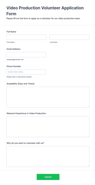 Video Production Volunteer Application Form Template