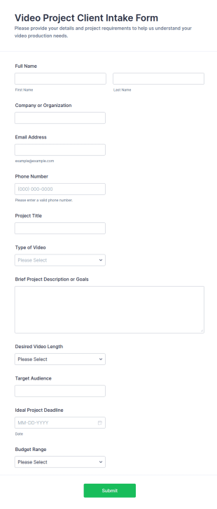 Video Project Client Intake Form Template
