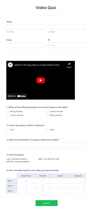 Video Quiz Form Template