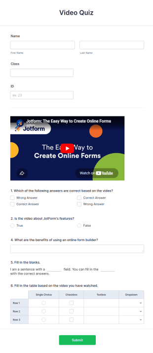 Video Quiz Form Template