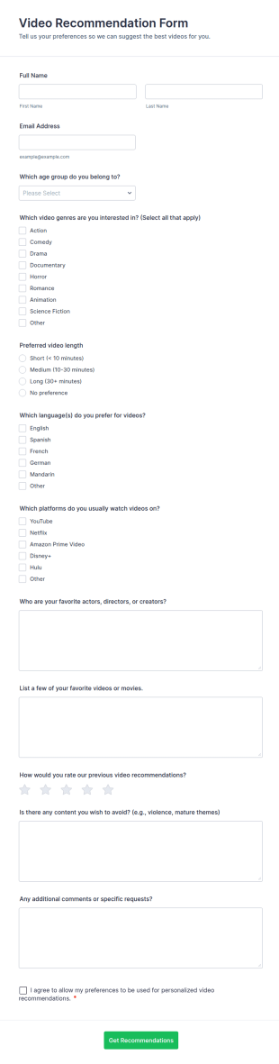 Video Recommendation Form Template