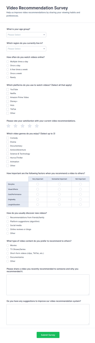 Video Recommendation Survey Form Template