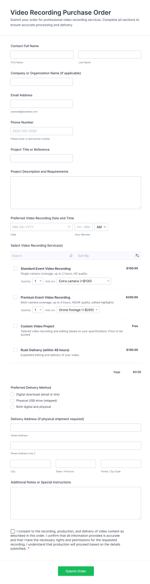 Video Recording Purchase Order Form Template