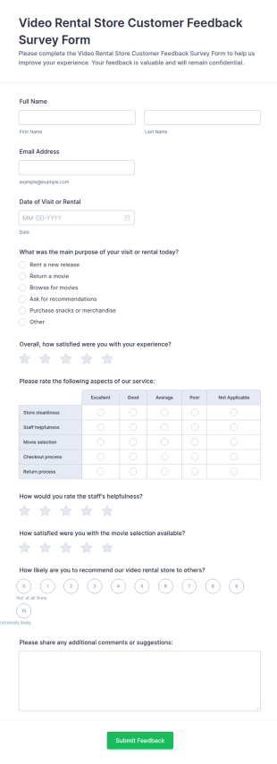 Video Rental Store Customer Feedback Survey Form Template