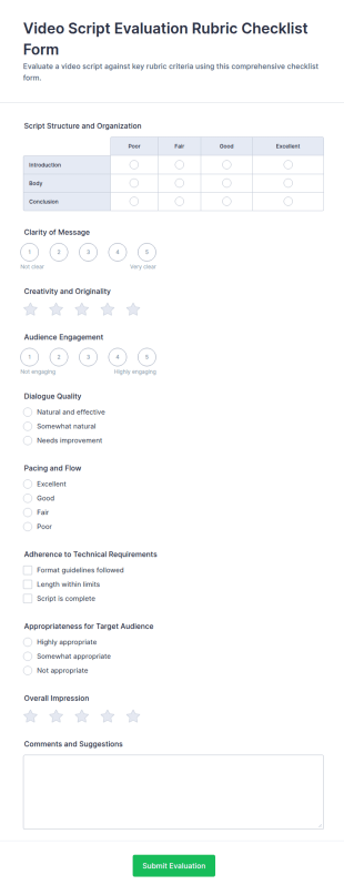 Video Script Evaluation Rubric Checklist Form Template
