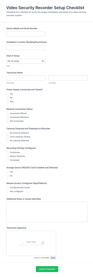 Video Security Recorder Setup Checklist Form Template