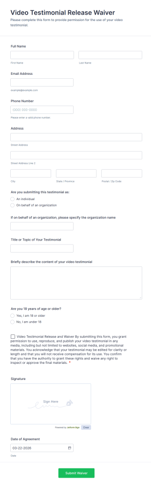 Video Testimonial Release Waiver Form Template