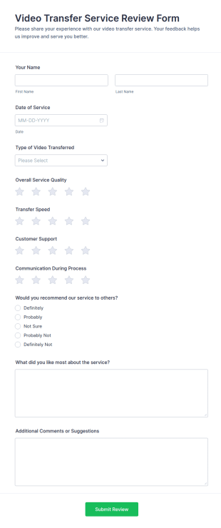 Video Transfer Service Review Form Template