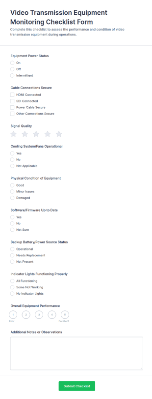 Video Transmission Equipment Monitoring Checklist Form Template