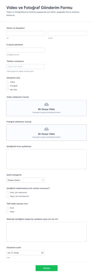 Video Ve Fotoğraf Gönderim Form Şablonu