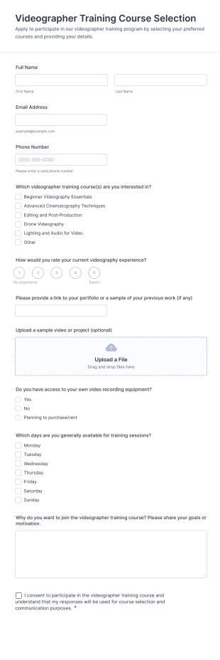 Videographer Training Course Selection Form Template