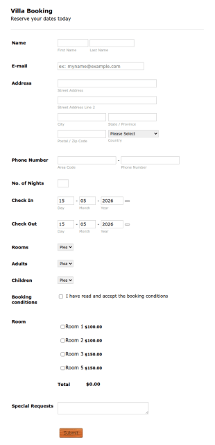 Villa Booking Form Template