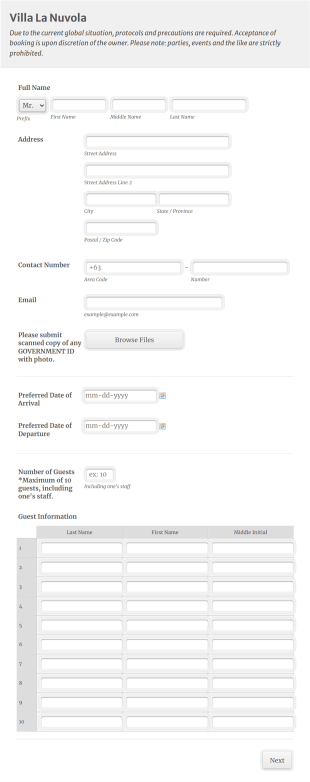 Villa La Nuvola Form Template