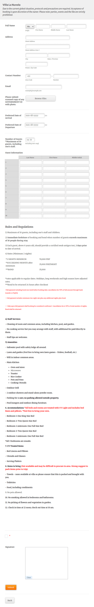 Villa La Nuvola Form Template