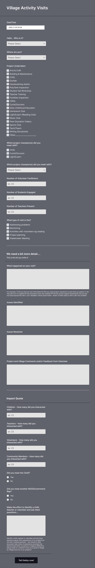 Village Field Project Documentation Form Template