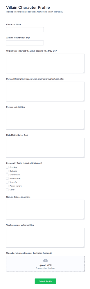 Villain Character Profile Form Template