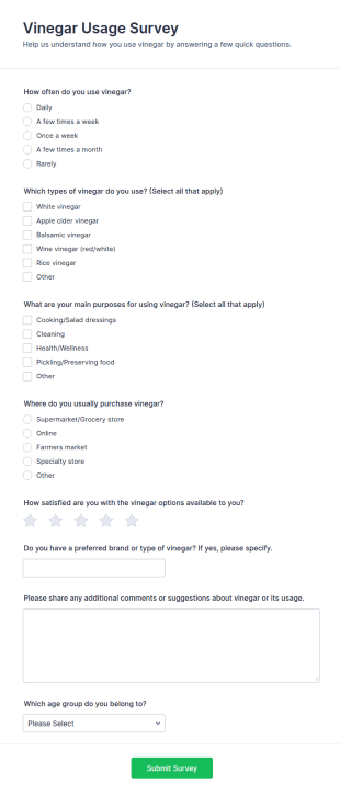 Vinegar Usage Survey Form Template