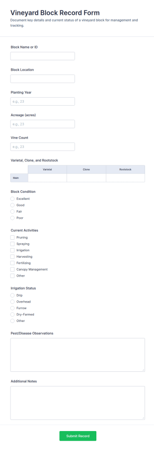 Vineyard Block Record Form Template