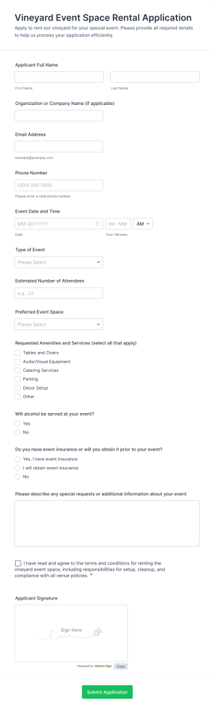 Vineyard Event Space Rental Application Form Template