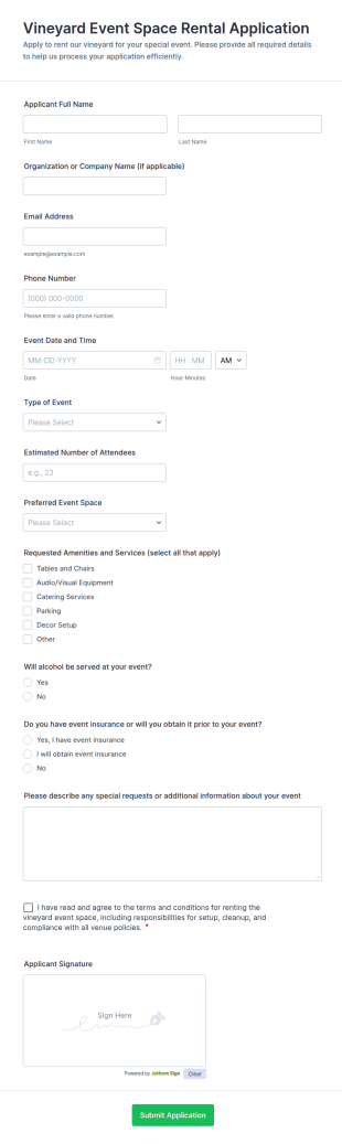 Vineyard Event Space Rental Application Form Template
