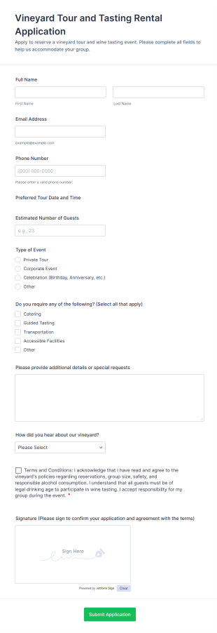 Vineyard Tour And Tasting Rental Application Form Template
