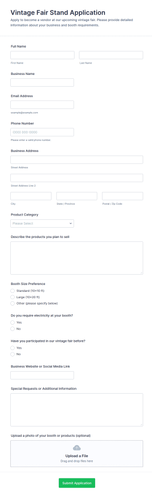 Vintage Fair Stand Application Form Template