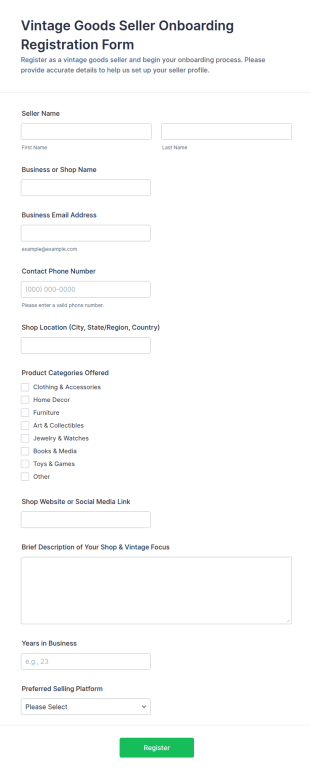 Vintage Goods Seller Onboarding Form Template