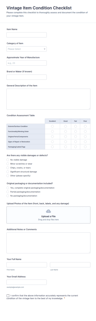 Vintage Item Condition Checklist Form Template