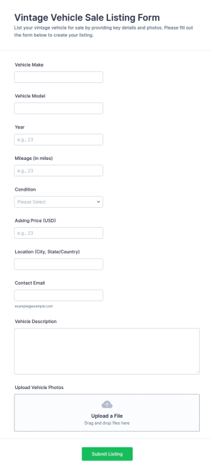 Vintage Vehicle Sale Listing Form Template