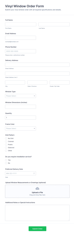Vinyl Window Order Form Template