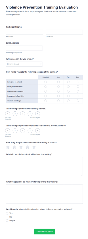 Violence Prevention Training Evaluation Form Template