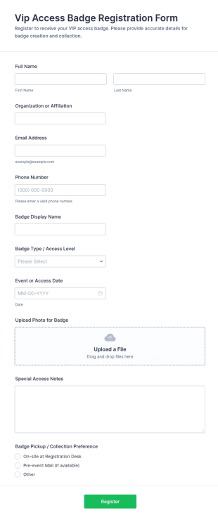 Vip Access Badge Registration Form Template