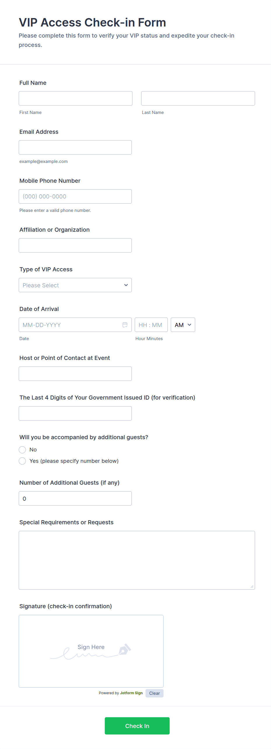 VIP Access Check-in Form Template | Jotform