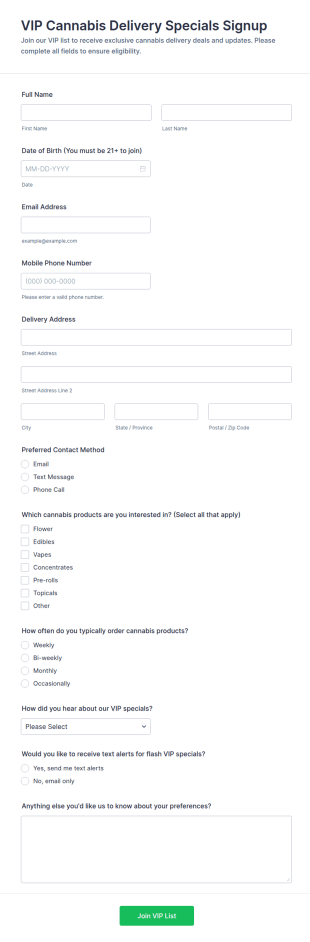 VIP Cannabis Delivery Specials Signup Form Template