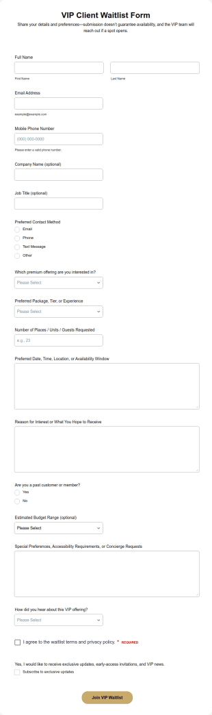 VIP Client Waitlist Form Template