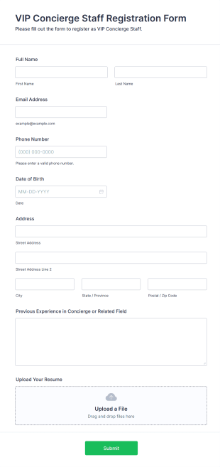 VIP Concierge Staff Registration Form Template