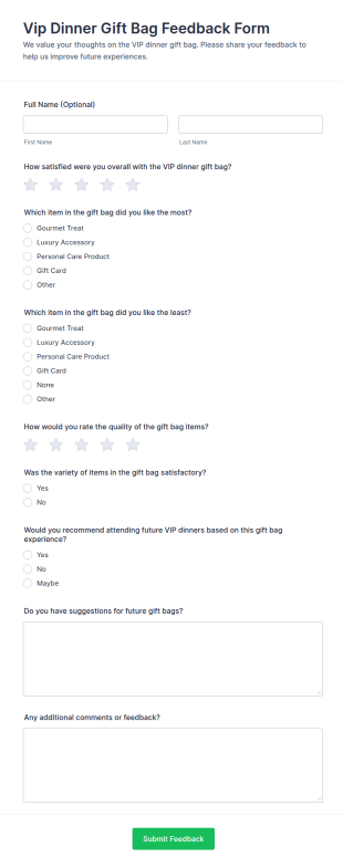 VIP Dinner Gift Bag Feedback Form Template