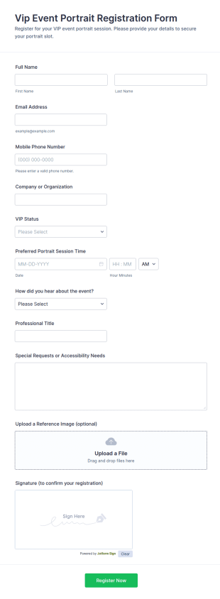 VIP Event Portrait Registration Form Template