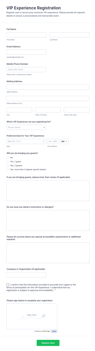 VIP Experience Registration Form Template