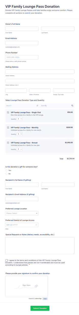 VIP Family Lounge Pass Donation Form Template