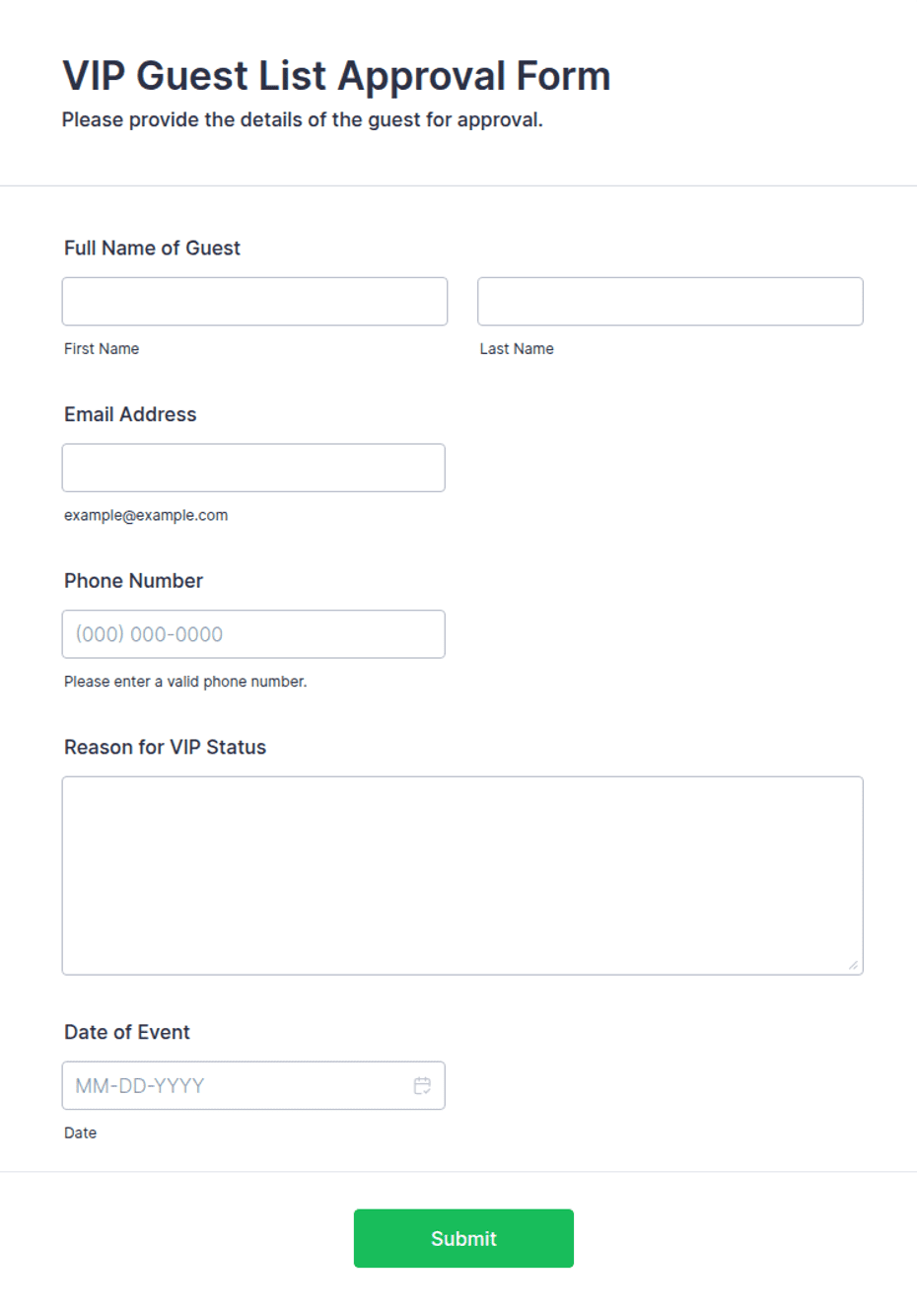 Vip Visitors Checklist VIP Guest List Approval Form Template | Jotform