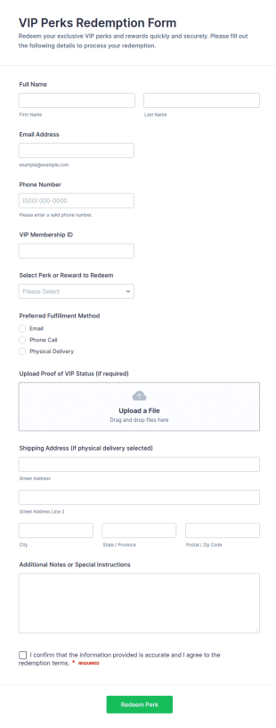 VIP Perks Redemption Form Template