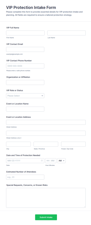 VIP Protection Intake Form Template