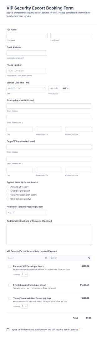 VIP Security Escort Booking Form Template