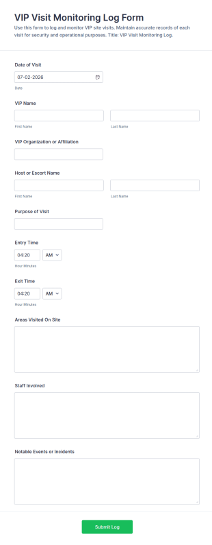 VIP Visit Monitoring Log Form Template