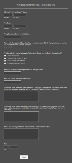 Pet Adoption Reference Questionnaire Form Template
