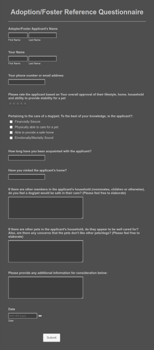 Pet Adoption Reference Questionnaire Form Template