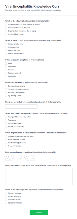 Viral Encephalitis Knowledge Quiz Form Template
